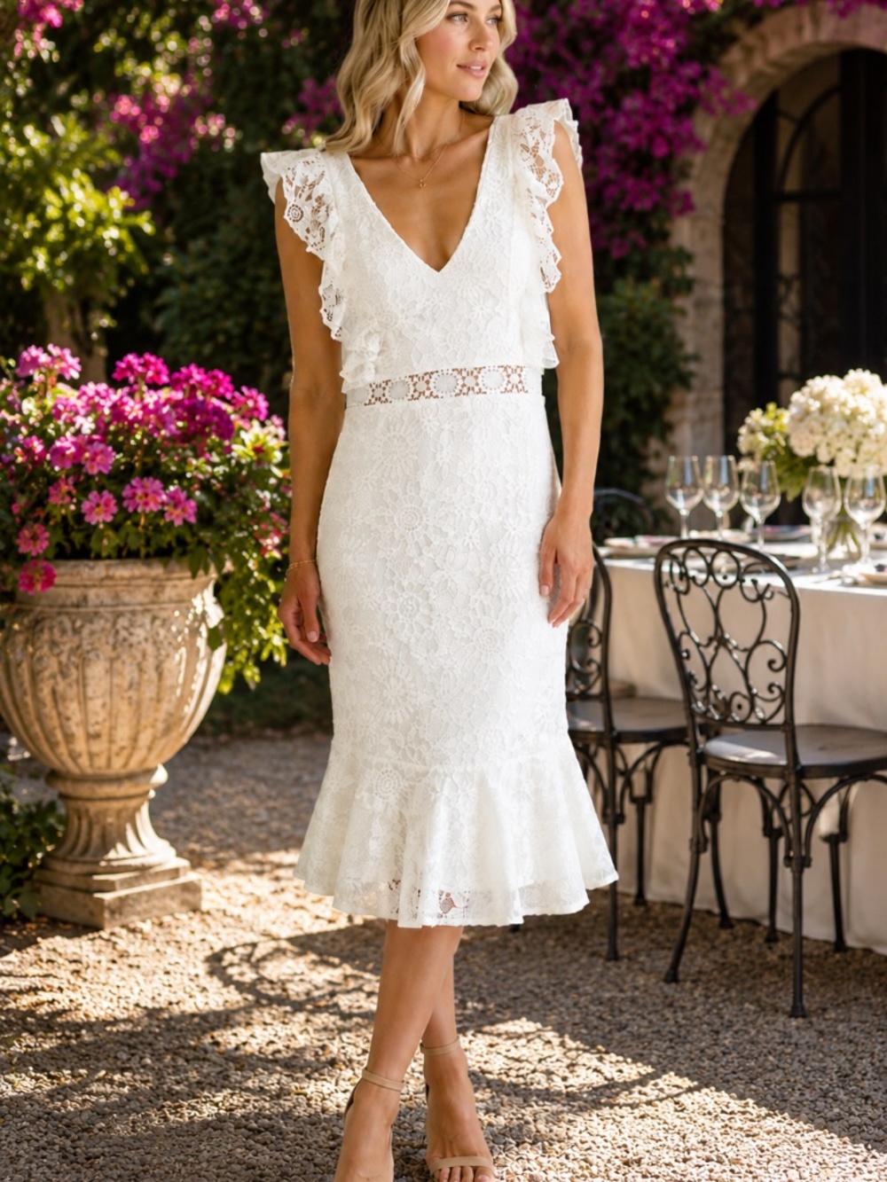 Hello Molly White Floral Lace Ruffle Midi Dress Romantic Bridal NWT